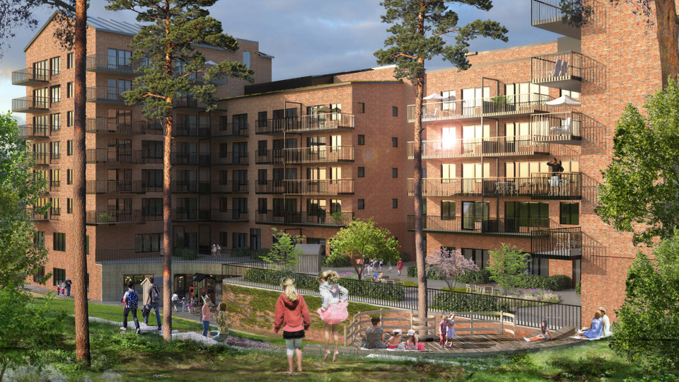 Flerbostadshus i tegel och förskolegård vid bottenplan. Tallar och grönska, barn och vuxna i rörelse. Illustration